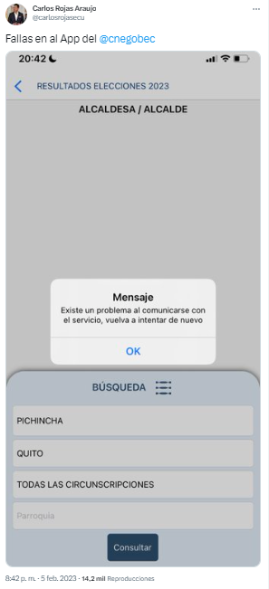 usuariosdigital's tweet photo. #AlertaDigitalEC #Elecciones2023EC
El sistema público de conteo de votos en la web https://t.co/gAEOPagdu6 y en la APP  del @cnegobec mantienen problemas de ralentización desde aproximadamente 20h20 #EcuadorVoto2023
https://t.co/DgpZ5G3fBI https://t.co/bgbc4UR6mD
