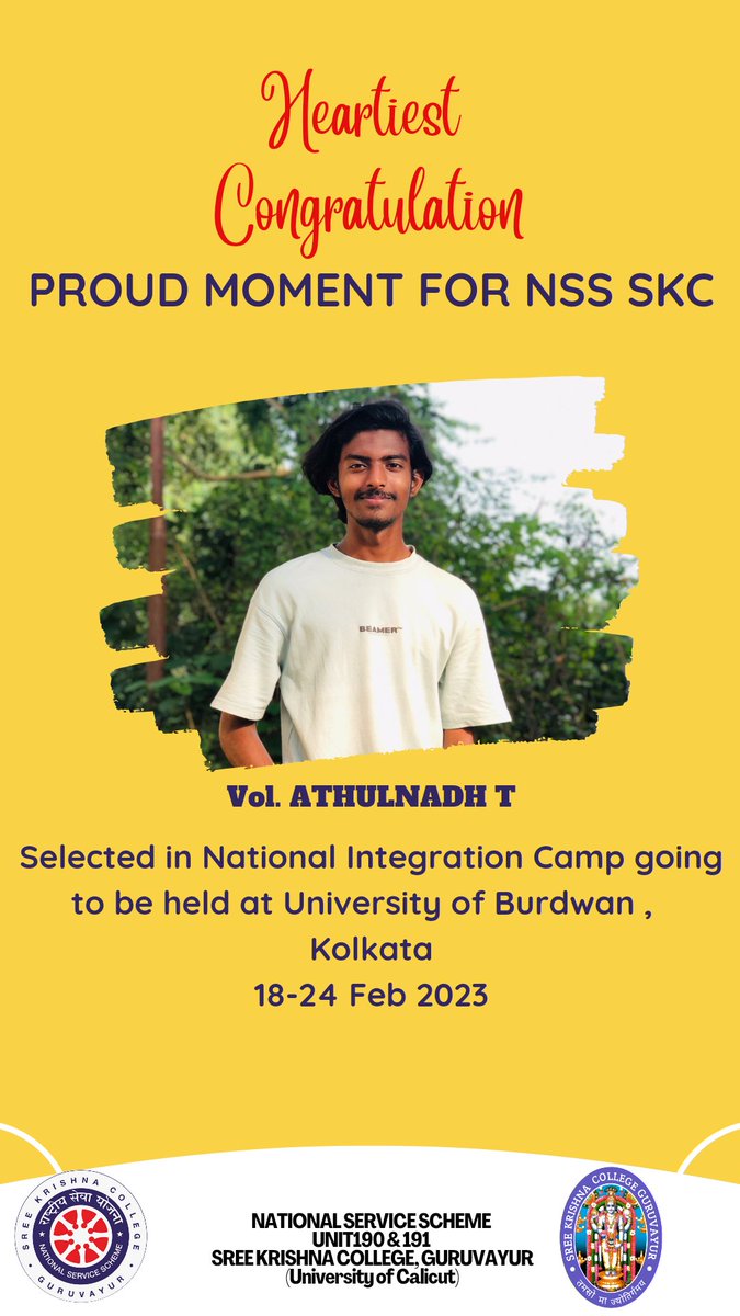 nssskcgvr's tweet photo. @athulnadht1 NSS Volunteer of @nssskcgvr selected for NIC to be held at University of Burdwan, Kolkata from 18th - 24th Feb 2023 @nsstvm @rdnss_kolkata @_NSSIndia @YASMinistry @ianuragthakur @NisithPramanik @pankajsinghips @pibyas @NSSRDPATNA @NSSRDChandigarh @NSSChennai @nssbbsr https://t.co/svrod5ltio