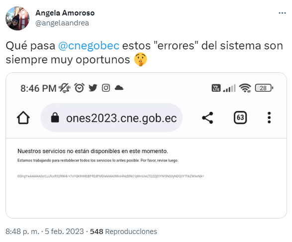usuariosdigital's tweet photo. #AlertaDigitalEC #Elecciones2023EC
El sistema público de conteo de votos en la web https://t.co/gAEOPagdu6 y en la APP  del @cnegobec mantienen problemas de ralentización desde aproximadamente 20h20 #EcuadorVoto2023
https://t.co/DgpZ5G3fBI https://t.co/bgbc4UR6mD
