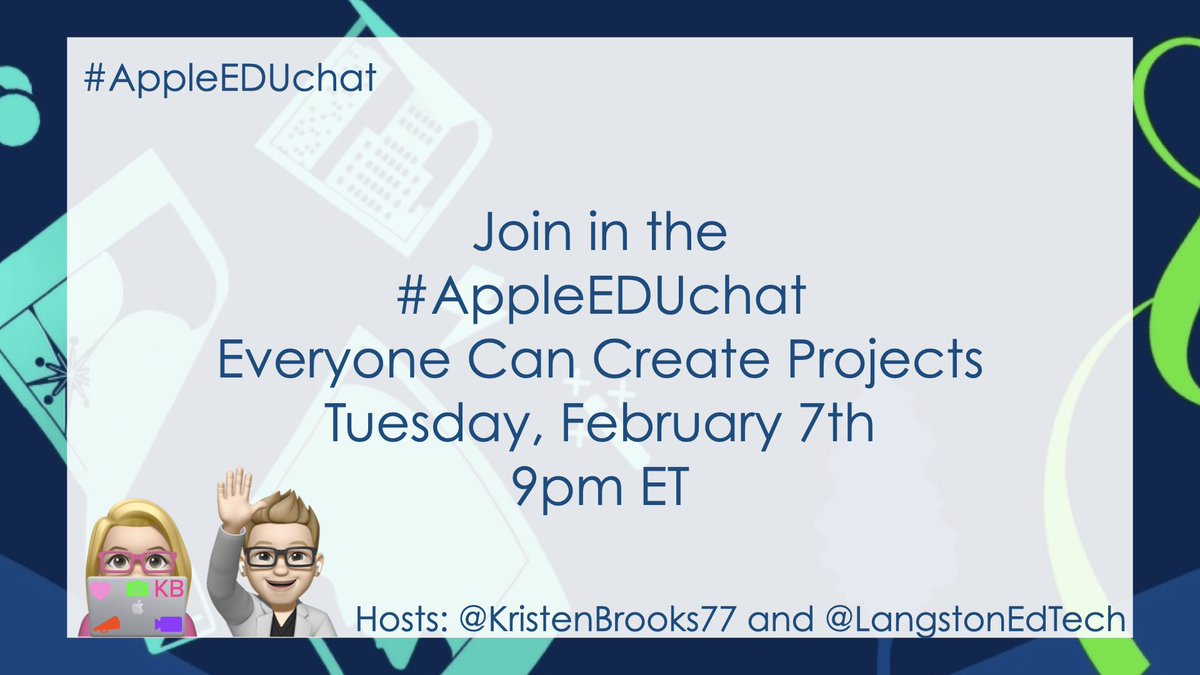 KristenBrooks77's tweet photo. 📣Calling all #forEDU friends: Teachers, Admin, Counselors, Media Specialist, Specials Teachers, #EdTech join in Tuesday 2/7 at 9pm ET to discuss Everyone Can Create Projects! #AppleEDUchat @AppleEDU @LangstonEdTech
#ADEdu #AppleTeacher #AppleLearningCoach Everyone Is Welcome! https://t.co/Vk1AfZGCao