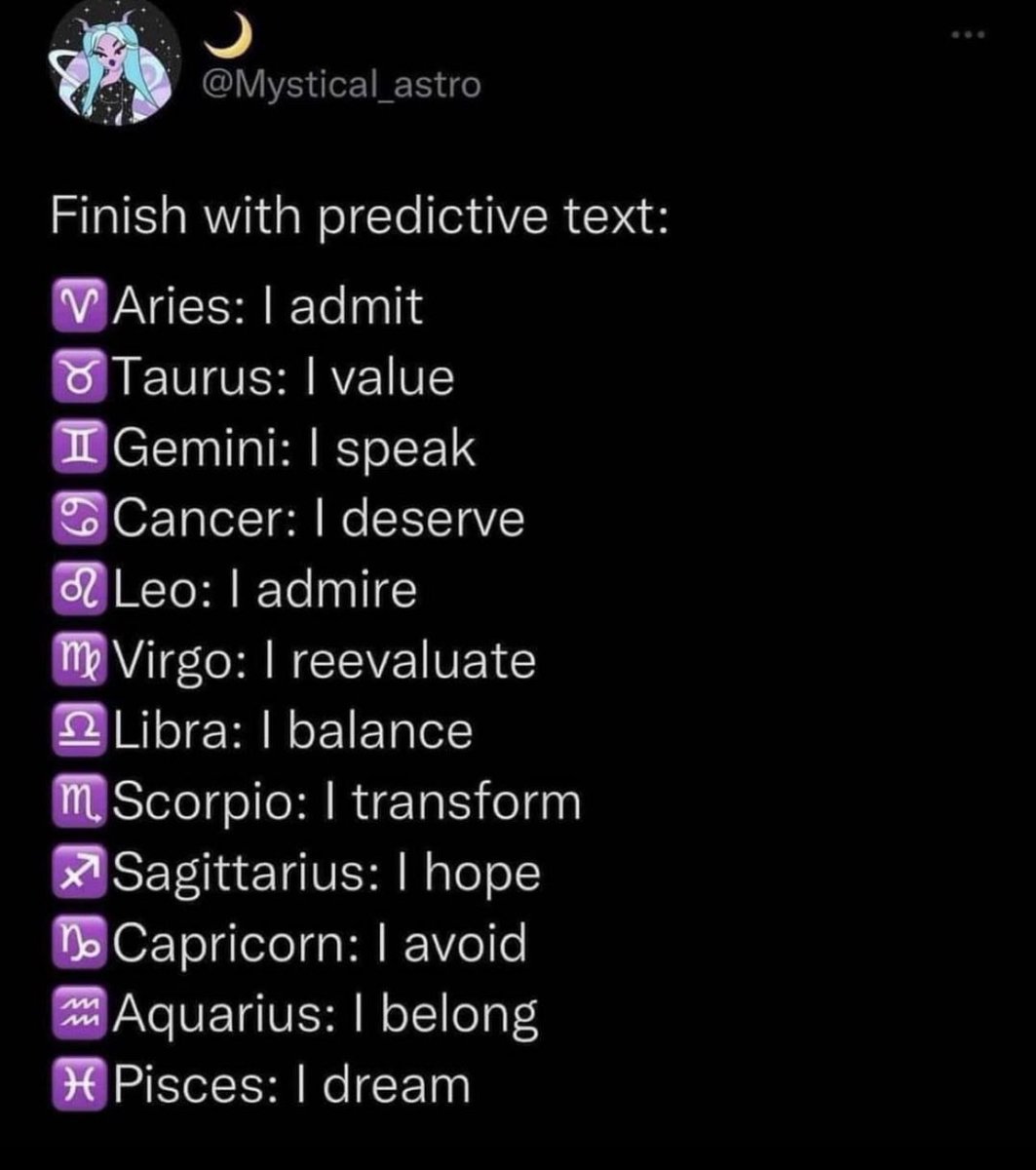 EclecticEvelyn's tweet image. I value the opportunity for the most important things in life. #predictivetext #astrology Now you’re turn