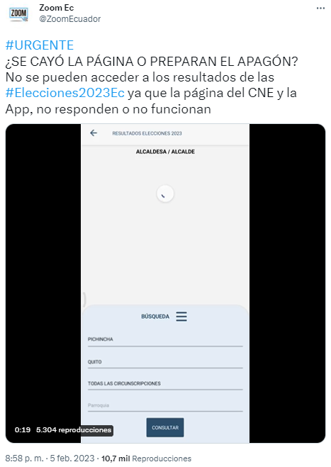 usuariosdigital's tweet photo. #AlertaDigitalEC #Elecciones2023EC
El sistema público de conteo de votos en la web https://t.co/gAEOPagdu6 y en la APP  del @cnegobec mantienen problemas de ralentización desde aproximadamente 20h20 #EcuadorVoto2023
https://t.co/DgpZ5G3fBI https://t.co/bgbc4UR6mD