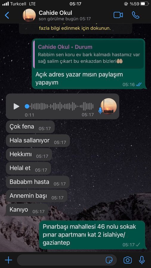 Pınarbaşı mahallesi 46 nolu sokak pınar apartmanı kat 2 islahiye/gaziantep #Kandilli #deprem