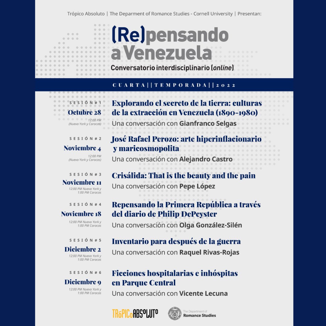 Ya están disponibles todas las grabaciones de las cuatro temporadas de la serie de conversatorios online (Re)pensando a #Venezuela en nuestro canal de YouTube <a href="/CornellROMS/">Romance Studies</a> <a href="/msilvaferrer/">Manuel Silva-Ferrer</a>