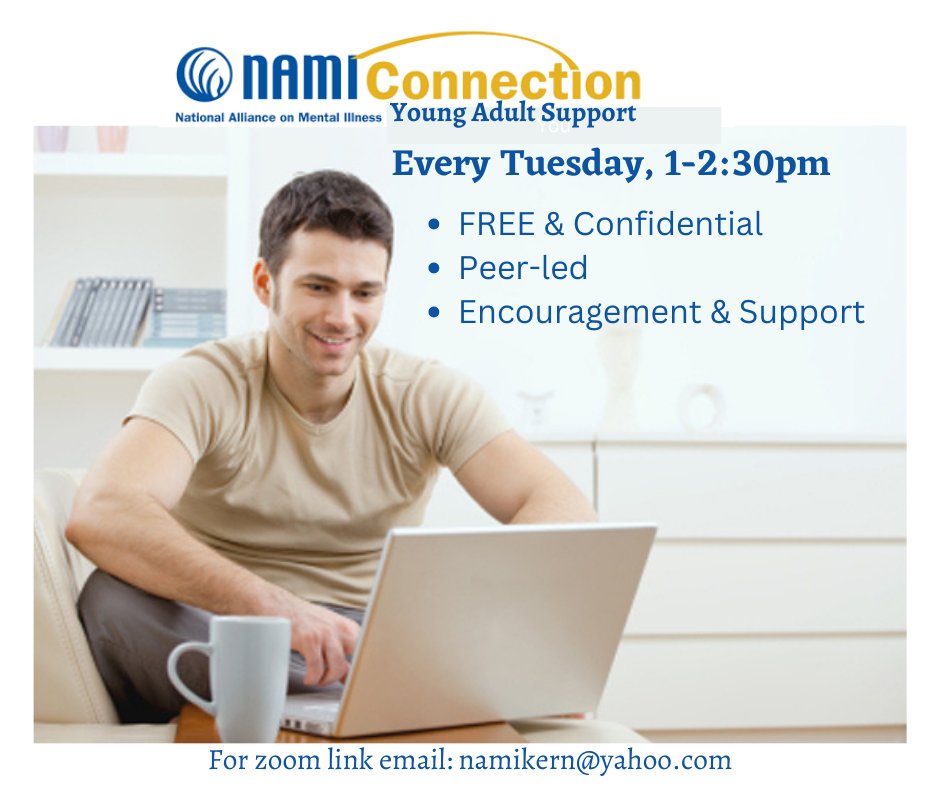 KernNami's tweet photo. Young adult support group meetings every Tuesday, 1-2:30pm, via zoom. For link, email namikern@yahoo.com using subject YA. https://t.co/8gY82CHsWL