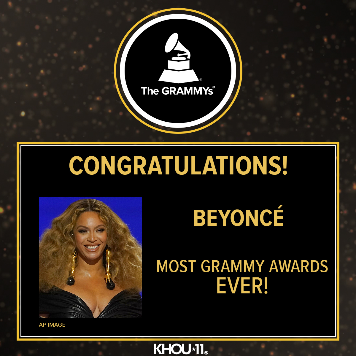 KHOU's tweet photo. NEW RECORD! @Beyonce just set a record for the most wins at the #Grammys ever!  She set the record with a win in Best Dance/Electronic Music Album with #Renaissance.  https://t.co/1os9nwvxPq https://t.co/Bndd0cmG8e