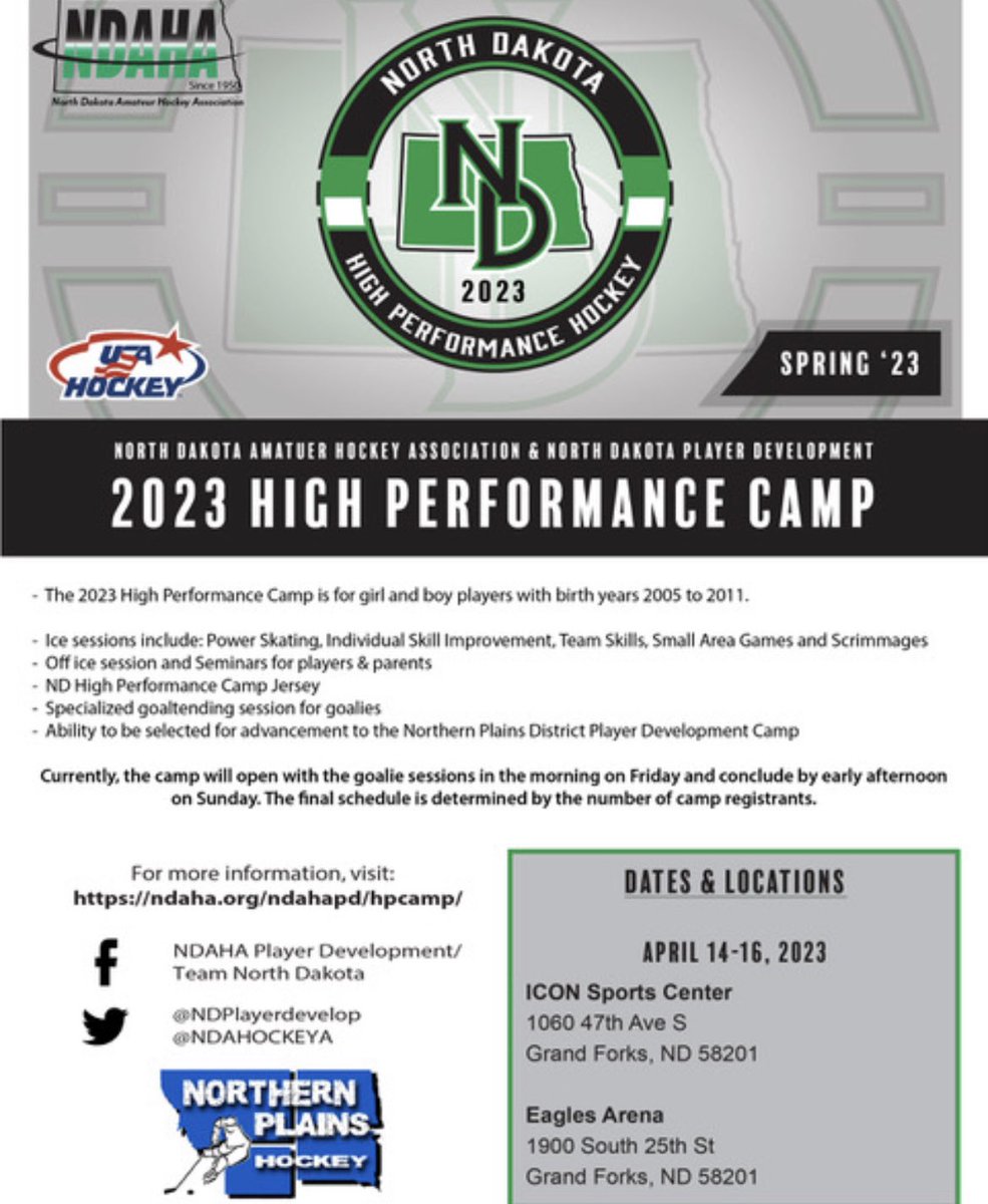 NDAHockeyA's tweet photo. The 🥅NDAHA🏒 High Performance Camp is all set and ready to go!  Get registered today to take advantage of a great opprtunity &amp; participate in an amazing weekend camp!  💡Reminder💡This is a pre-req for invitation to the Northern Plains District Camp! https://t.co/0I74REupIh