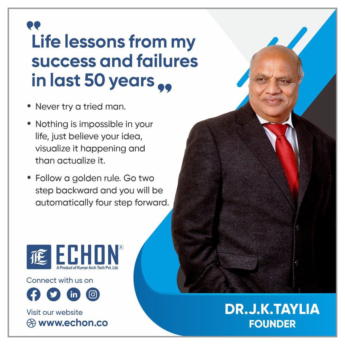 echon_india's tweet photo. "Life lessons from my success and failures in last 50 years" by Dr. J.K. Taylia
.
.
.
.
#echon #lifelessons #udaipur #udaipurdiaries #udaipurblog #udaipurtimes #motivation #motivational #inspiration #motivationalquotes #inspirationalquotes #udaipurnews #motivationalspeaker https://t.co/pTLBu8O4WB