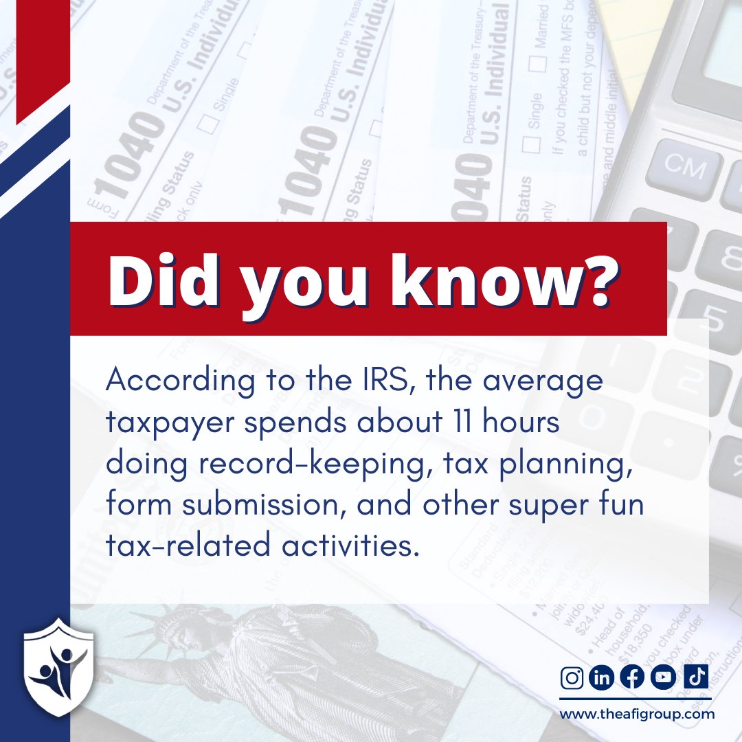 TheAFIGroup's tweet photo. The IRS estimates that it takes the average taxpayer 11 hours to complete all of the tax-related activities, such as record-keeping, tax planning, and form submission. 

Need a bit of extra support with filing taxes? Visit https://t.co/SXfbd4Ppk1 to learn more about us.

#taxes https://t.co/tWF7Jo2HBy