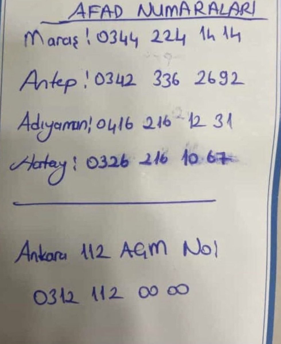 🚨AFAD EKİPLERİ İLETİŞİM NUMARALARINI HEMEN YAYALIM🚨
#DEPREM #DEPREMOLDU #DESTEK #MARAŞ #ANTEP #ADIYAMAN #HATAY #AFAD