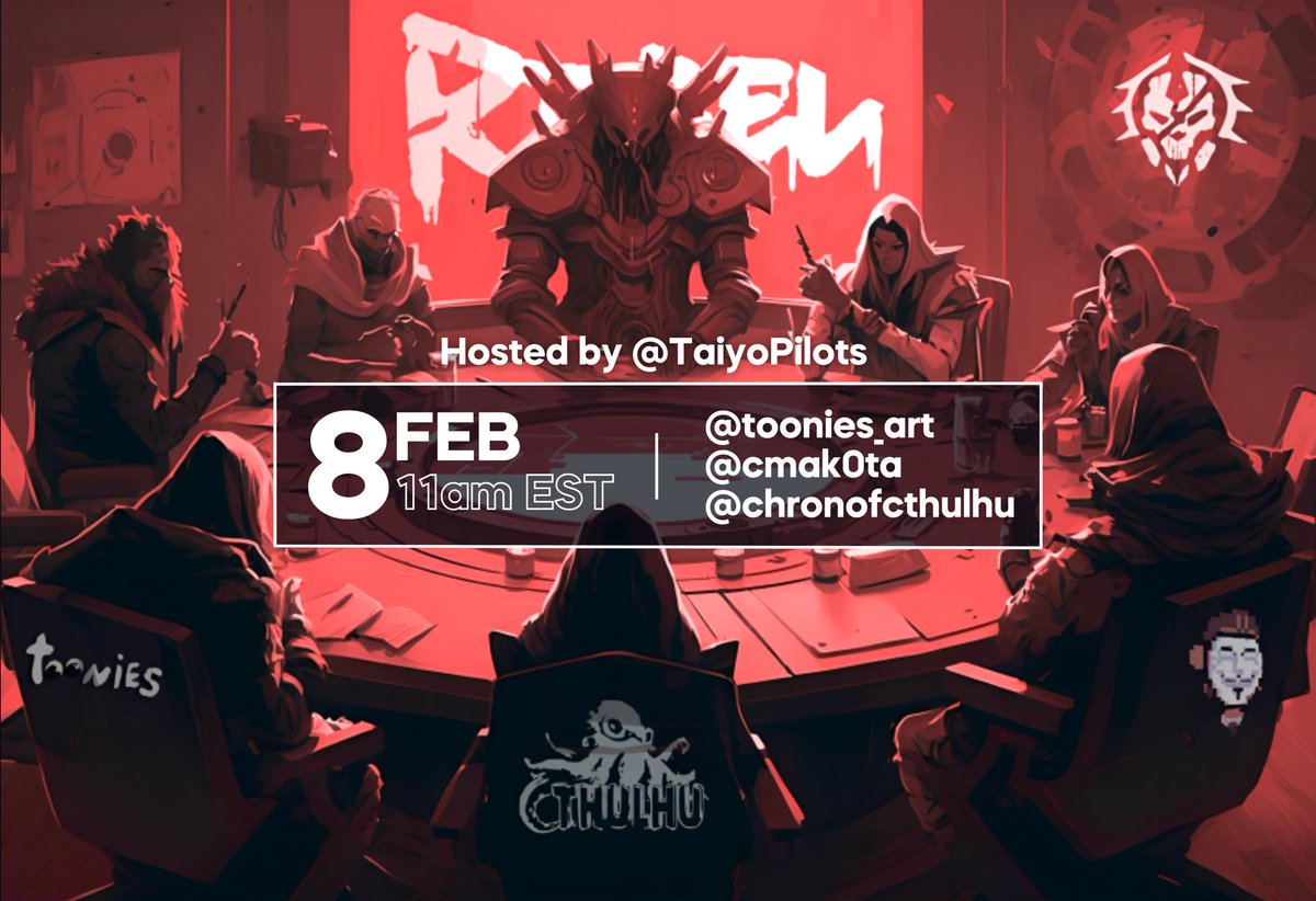 🚨REBEL RADIO AMA🚨

We will be discussing art, especially 1/1 art and we will have an AMA session.

🗓️ 8 FEB
⏰ 11am EST
👥 Guests list:
<a href="/toonies_art/">Toonies</a> 
<a href="/ChronOfCthulhu/">The Chronicles of Cthulhu || Coming Soon 🐙</a> 
<a href="/Cmak0ta/">Cmakota</a> 

The space will be hosted by <a href="/taiyopilots/">Pilots</a> 👌🏼