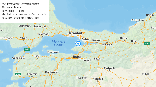 NewRoadTrip's tweet photo. #MarmaraDenizi
büyüklük 2.3 ML (9 dk önce)
derinlik 2.2km 40.73°N 29.10°E
6 Şubat 2023 06:30:29 +03
#deprem https://t.co/4UQiaTf4HQ