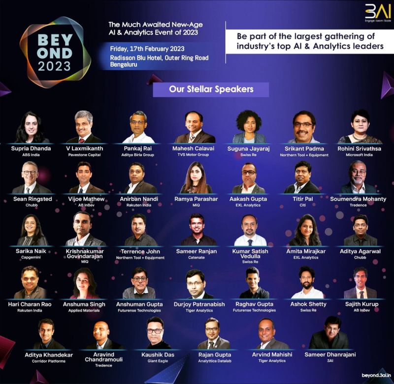 BEYOND 2023 - beyond.3ai.in Be part of the largest gathering of AI & Analytics leaders coming together at Bengaluru on 17th February 2023, Radisson Blu Hotel, Outer Ring Road, Bengaluru Book your Delegate Pass Now: beyond.3ai.in/delegate-pass/ #AI #data @DhanrajaniS