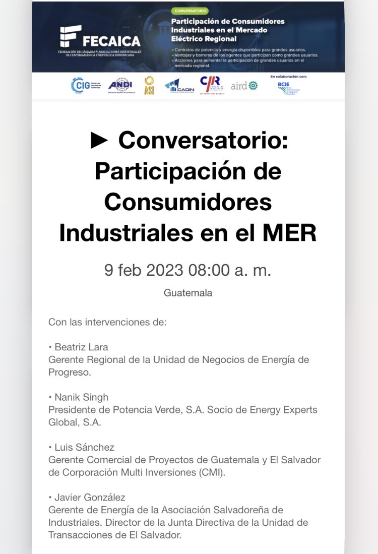 NanikSinghC's tweet photo. Anota la Fecha! 
⚡️Primer conversatorio: "Participación de Consumidores Industriales en el MER" #MercadoEléctricoRegional ⚡️
🗓️jueves 09 de febrero

Registro: https://t.co/7A6pvfcAO5

#GrandesClientes #EnergyExperts⚡️
#PotenciaVerde✅
#Renovables☀️🌬️💧#Centroamerica 
🇬🇹🇭🇳🇸🇻🇳🇮🇨🇷🇵🇦 https://t.co/5LoSOlhL4R