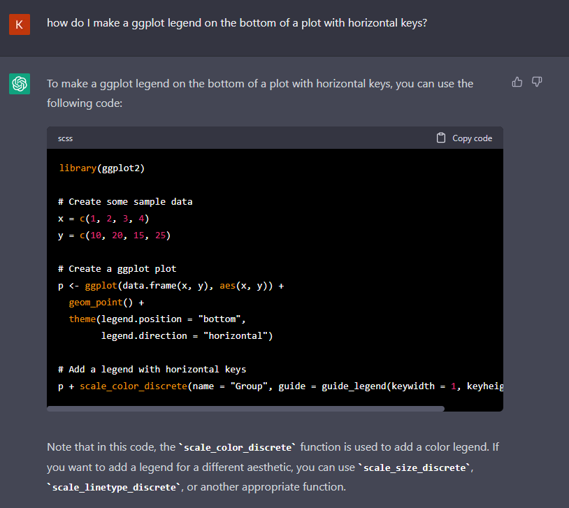 KyleZawada's tweet photo. One one hand, AI could bring mass unemployment and hypercharge wealth inequality.

On the other, it can tell me how to adjust legends in ggplot in seconds and provide example code.

I, for one, welcome our new silicon overlords🤖

#ChatGPT #AcademicTwitter #R #ggplot #AI https://t.co/wjnqA5s37o