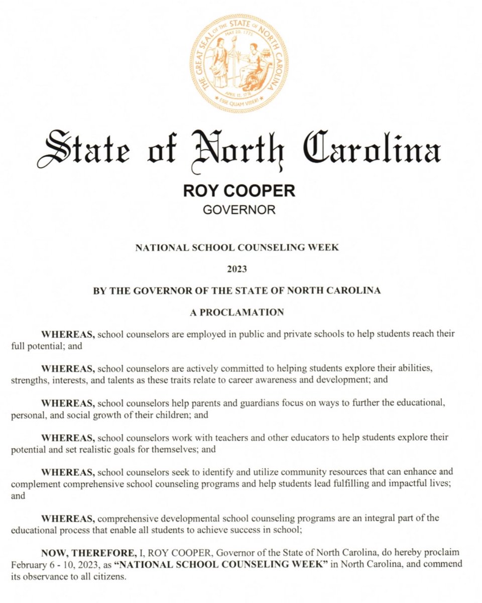 Thank you <a href="/NC_Governor/">Governor Josh Stein</a> for proclaiming February 6-10th National School Counseling Week in North Carolina. 

<a href="/NCDPISC/">NCDPI School Counseling</a> <a href="/ASCAtweets/">ASCA</a> <a href="/SweetLadyZulena/">Zulena Staton</a> @MsDraughn_SCC #NSCW23 #HelpingStudentsDreamBig #NCSchoolCounselors