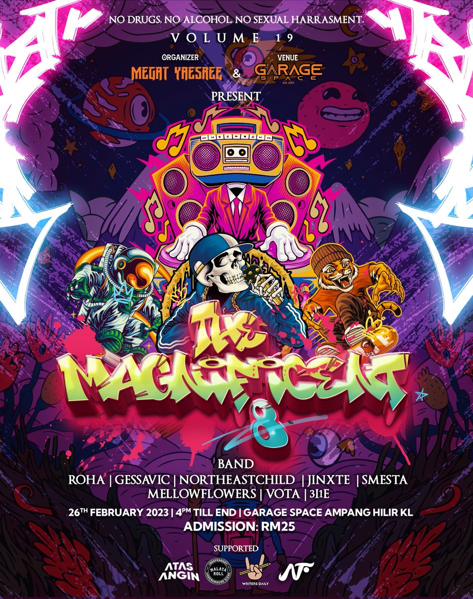 Mai support local bands.
Tix hanya rm25 dpt dapat tgk 8 bands berkualiti.

February 18-19 &amp; 25-26.

#TheMagnificent8 #TM8 
#GarageSpace 

<a href="/_atasangin/">Atas Angin MY</a> 
<a href="/MalayaRoll/">MALAYA ROLL</a> 
<a href="/writersdailymy/">Writers Daily | K.O.D.I.N 🇲🇾</a>