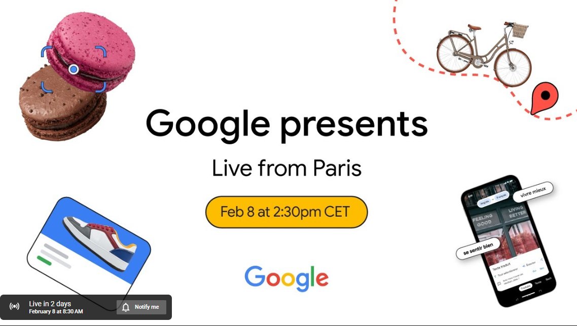 AISupremacyNews's tweet photo. Google's February 8th event Live from Paris could be big. @GoogleAI
 
#ApprenticeBard #Maps #Sparrow #Search 

https://t.co/47J3RRP4gh https://t.co/KjPjwaTVvK