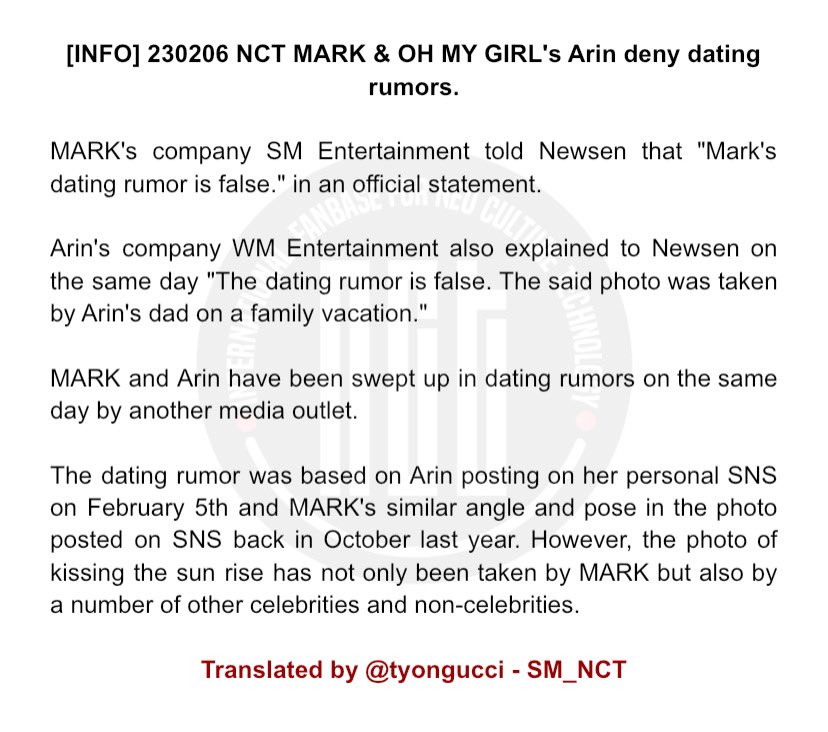 SM_NCT's tweet photo. [INFO] 230206 SM Entertainment told Newsen that “#MARK’s dating rumor with OH MY GIRL’s Arin is false.” in an official statement.

#NCT #NCT127 #NCTDREAM
Translated by @tyongucci - SM_NCT
https://t.co/Onh42moOCo https://t.co/uOIW0wZrSF