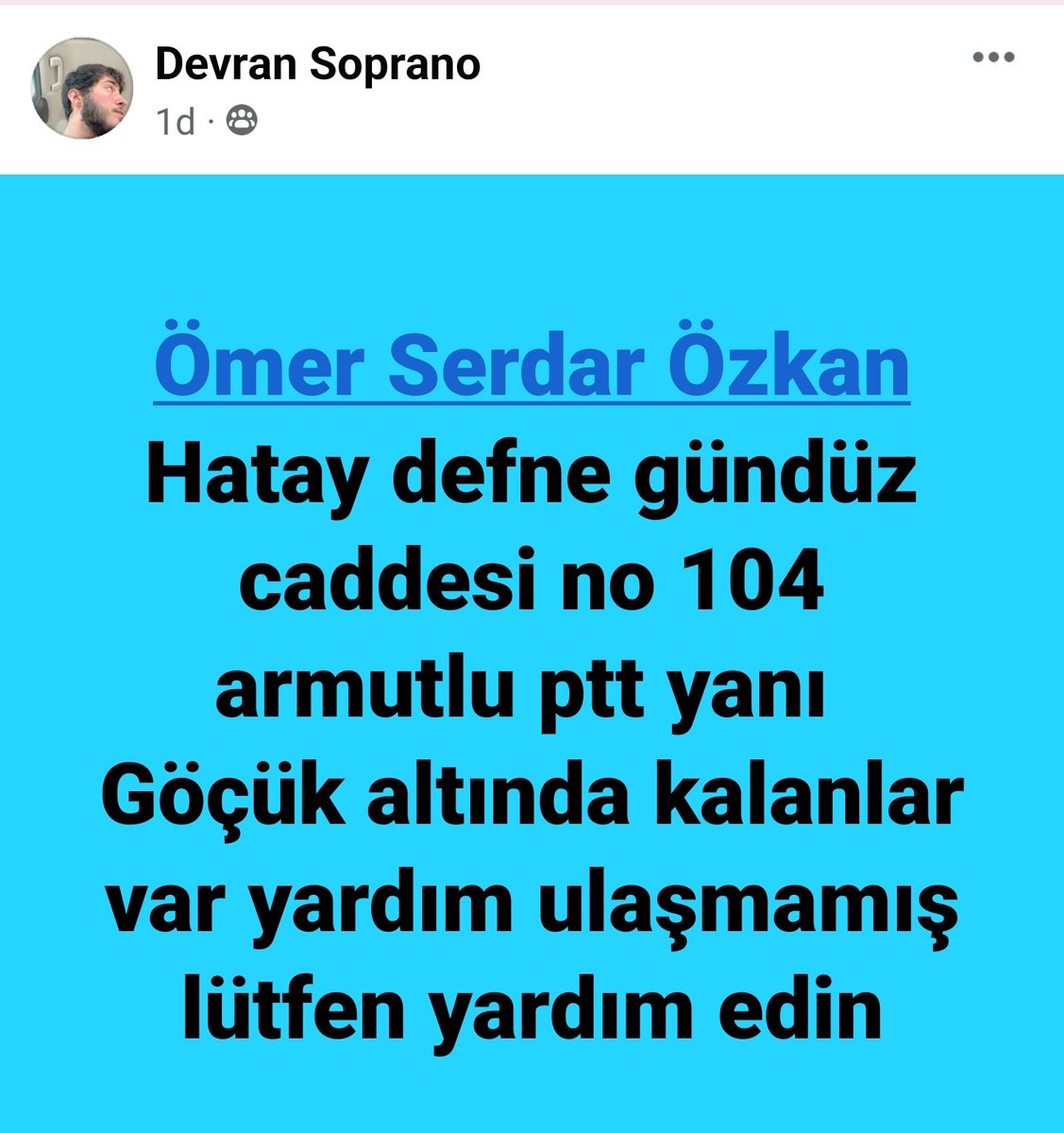 bgyetherr's tweet photo. Grup üyemiz: Hatay defne gündüz caddesi no:104 göçük altında kalanlar var

#deprem https://t.co/BSZdHeKAHC