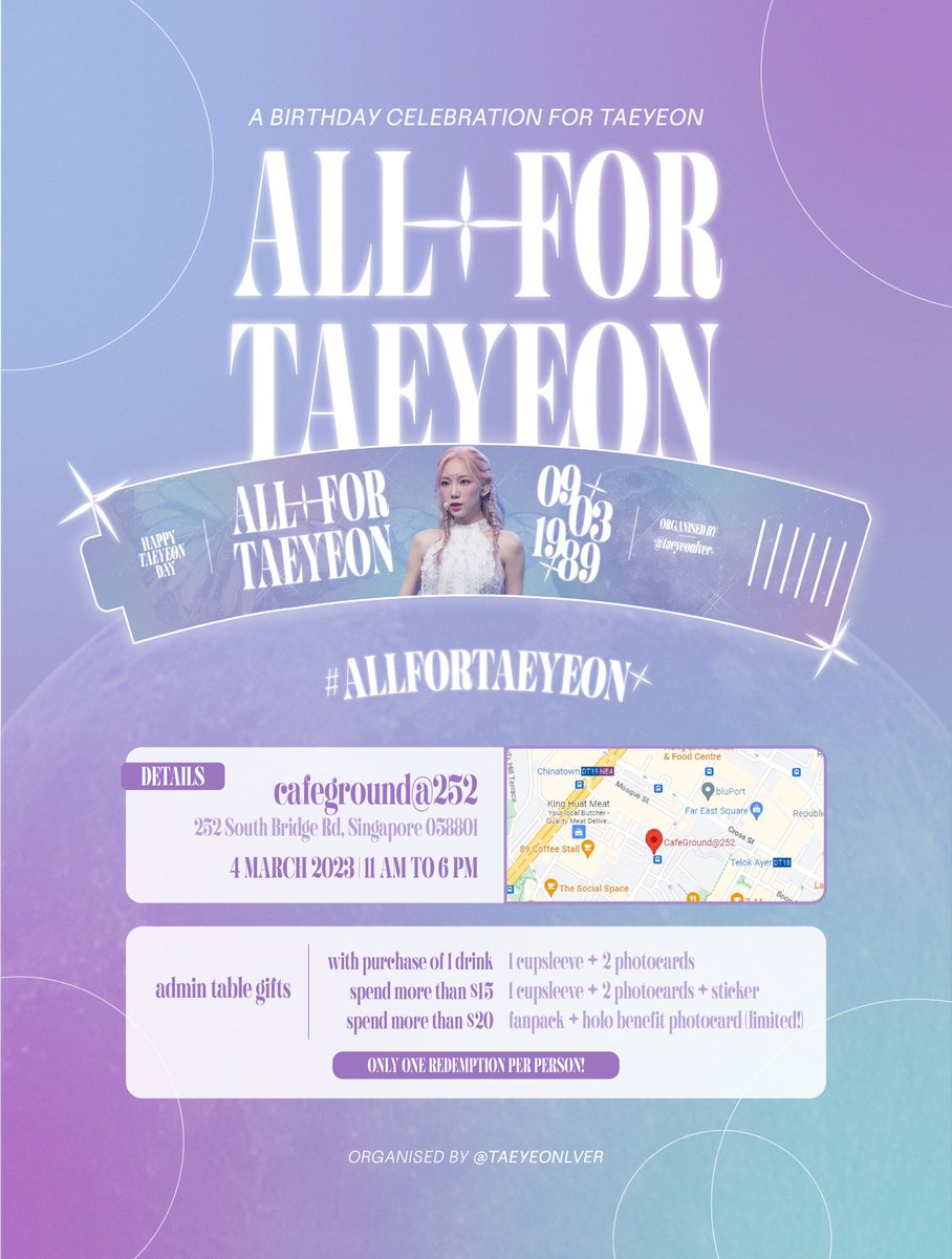 KIMTAEYEONSG's tweet photo. 𝟐𝟎𝟐𝟑 𝐭𝐚𝐞𝐲𝐞𝐨𝐧 𝐛𝐢𝐫𝐭𝐡𝐝𝐚𝐲 𝐞𝐯𝐞𝐧𝐭  

🗓️ 𝟎𝟒.𝟎𝟑.𝟐𝟎𝟐𝟑 • 𝐜𝐚𝐟𝐞𝐠𝐫𝐨𝐮𝐧𝐝@𝟐𝟓𝟐 
⏰ 𝟏𝟏𝐚𝐦-𝟔𝐩𝐦

𝐬𝐞𝐞 𝐲𝐨𝐮 𝐭𝐡𝐞𝐫𝐞! 

#태연 • #TAEYEON  • #allfortaeyeon https://t.co/EAp41VNXAX