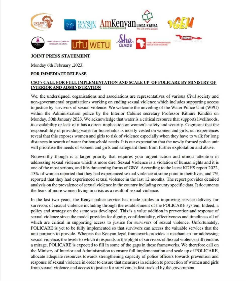 CREAWKenya's tweet photo. 🚨JOINT PRESS STATEMENT🚨
Call to the Ministry of Interior and Administration to allocate adequate resources towards strengthening capacity of police officers towards prevention and response of sexual violence. #SetUpSexCrimesUnit https://t.co/C1dJjG4NeC