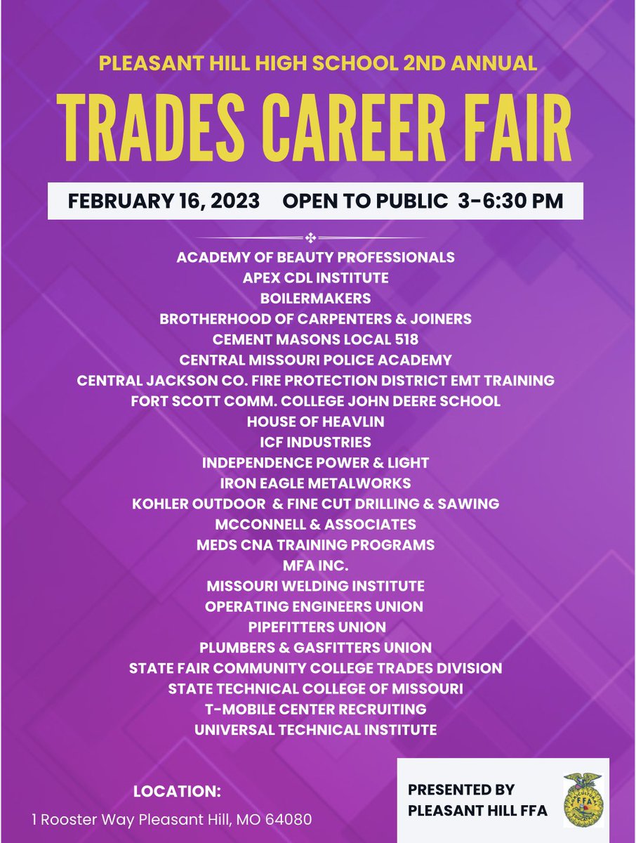 Join us for the 2nd Annual PHHS Trades Career Fair on Feb. 16th open to the public from 3-6:30 pm. #tradescareers #FFA @PHHSActivities @PHR3SD