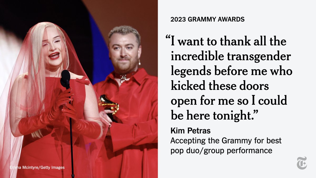 nytimes's tweet photo. Accepting an award with Sam Smith for “Unholy,” the German pop singer Kim Petras announced that she was the first transgender woman to win a Grammy in the best pop duo and group performance category. https://t.co/SThKGfEDhI https://t.co/YTaiqSjoW2
