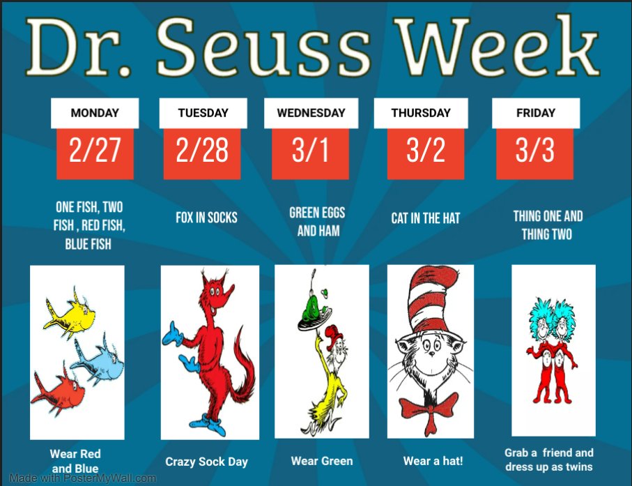 CavazosES's tweet photo. We will be celebrating Dr. Seuss Week at the end of the month! Please note the dates - February 27-March 3. https://t.co/6YUZ0bcWp5