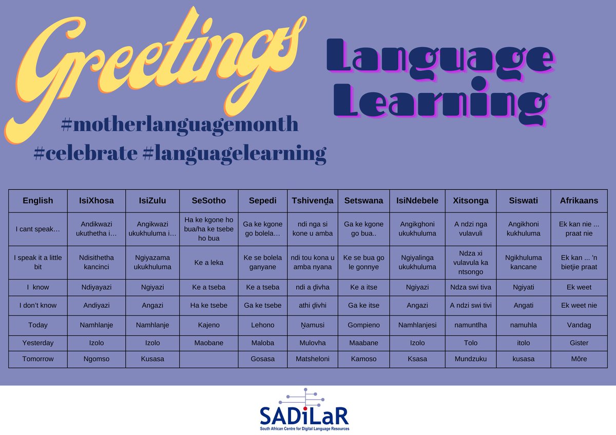 SADiLaR_ZA's tweet photo. Thank you for responding so well to our previous language celebration post!!! Tell us more about you in your language! Where are you from?
#MotherLanguageMonth
#CelebratingLanguages
#LanguageLearning https://t.co/mbBuLPc9YG