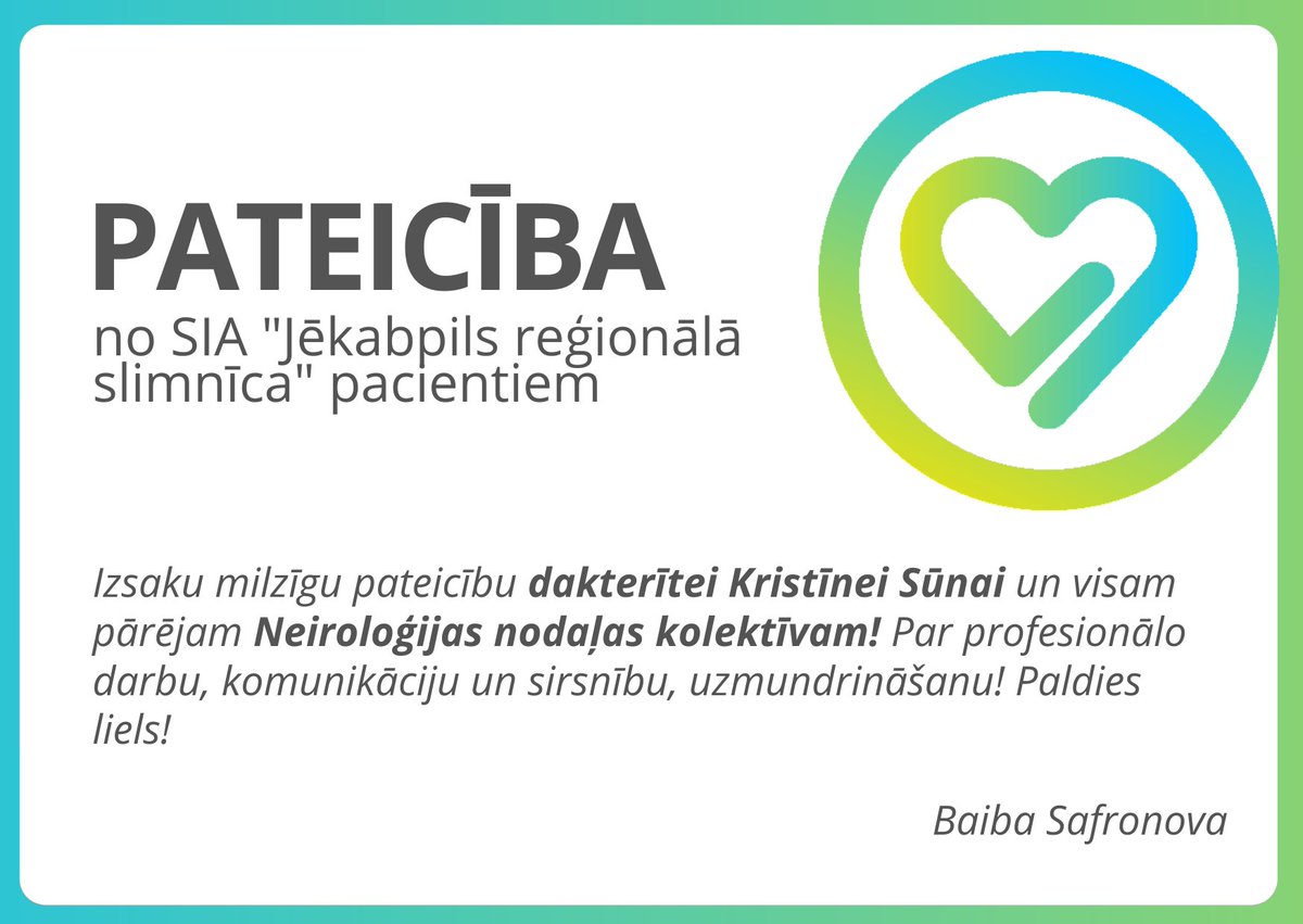 🙏 Paldies Baibai par pateicību mūsu mediķiem!

📌 Atgādinām, ka mūsu mājas lapā iespējams nosūtīt pateicību, ierosinājumu, atsauksmi, kā arī sūdzību: jrslimnica.lv/atsauksmes/