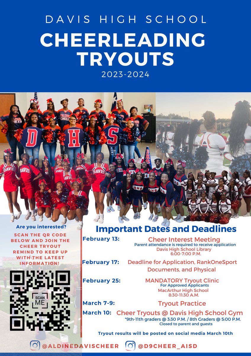It’s Time For Tryouts!!!📣 We’re looking for positive and outgoing spirit leaders to join the cheer squad for the 2023-2024 cheer season. If you are interested in joining a squad, please attend the mandatory interest meeting with your parent on Monday, February 13, 2023 at 6:00.