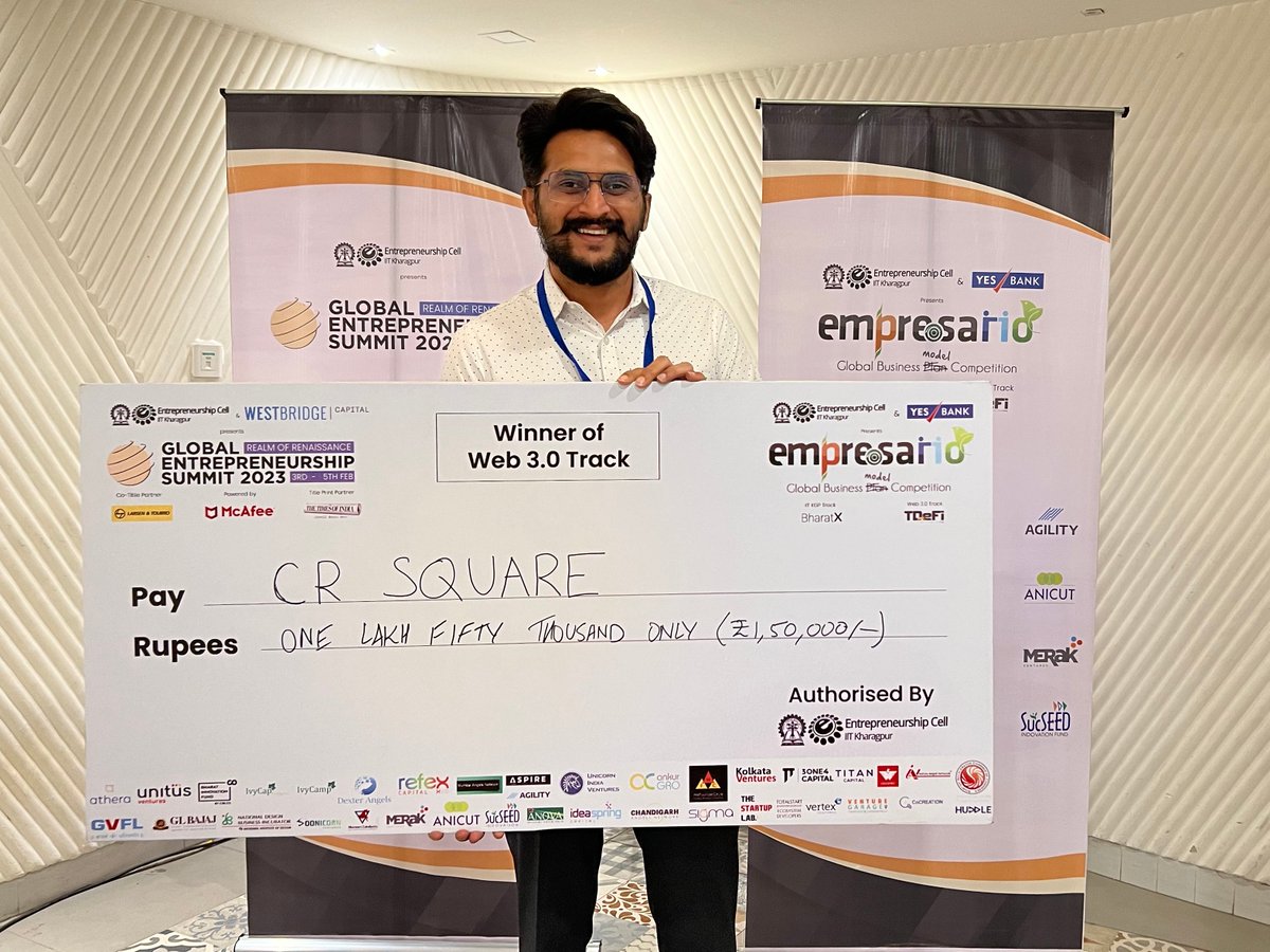 Delighted to Announce we won the Global Entrepreneurship Summit 2023 Award for #web3 category organized by Entrepreneurship cell @IITKgp 🚀🚀 #web3community #reviewtoearn #blockchain #IITs #IIT