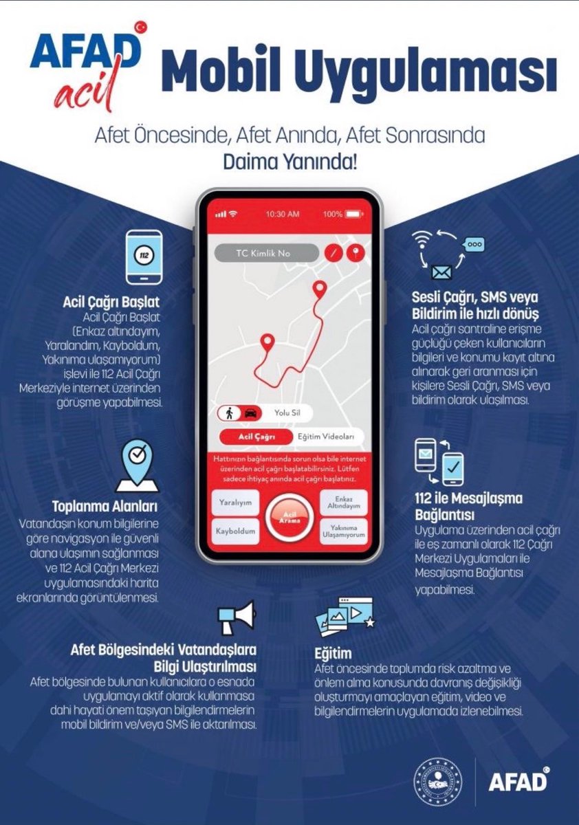 Afet ve acil durumlarda vatandaşlarımız AFAD acil mobil uygulaması ile toplanma yerlerinden 112 ile mesajlaşma bağlantısına kadar pek çok bilgiye erişebilirler.

Tüm vatandaşlarımıza duyurulur.