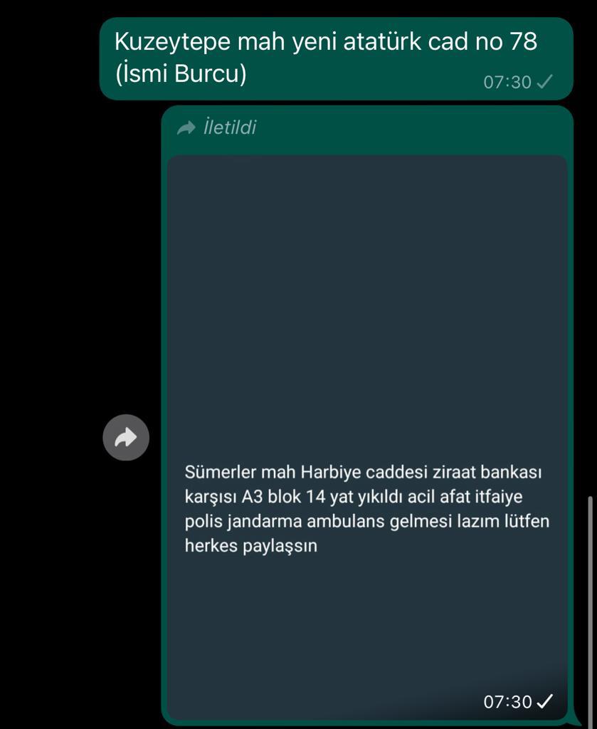 Merhaba  aşağıdaki iki adres Hatay  mahsur kalmıslar  yardımcı   olur musunuz #enkazaltındayım #deprem