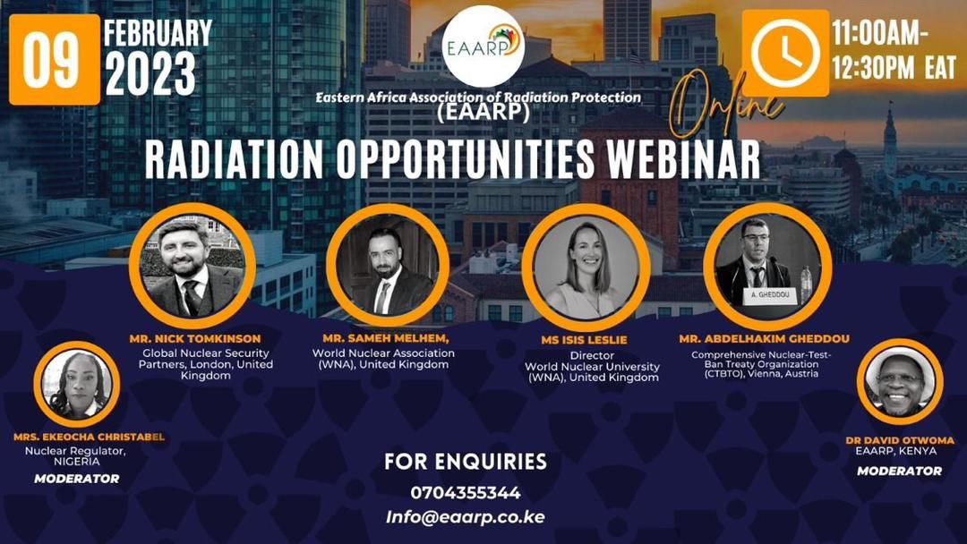 eaarp_official's tweet photo. Join us as we explore the career paths in radiation. Alongside @WorldNuclearUni we will be hosting a webinar. Sign Up Now!
Date: 9th February 2023
Time: 11:00am to 12:30pm (EAT)
Register ππΎ: https://t.co/j6HH4ZEOC2
#Nuclear #Radiation #EAARP #Training2023 https://t.co/tZzpQh9VFI