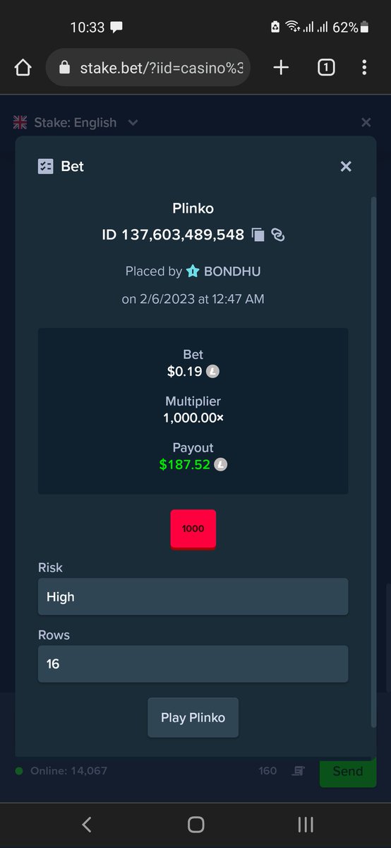 stake__lover's tweet photo. What a run 🤑 from 0.19$ to 187.52$ thanks #plinko #stake @Stake https://t.co/N3GrcvtwFc
