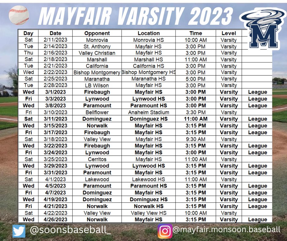 soonsbaseball_'s tweet photo. Mayfair Monsoon Spring 2023 baseball schedule for Varsity! Go Monsoons! #mayfairbaseball https://t.co/77OJNcqHr7