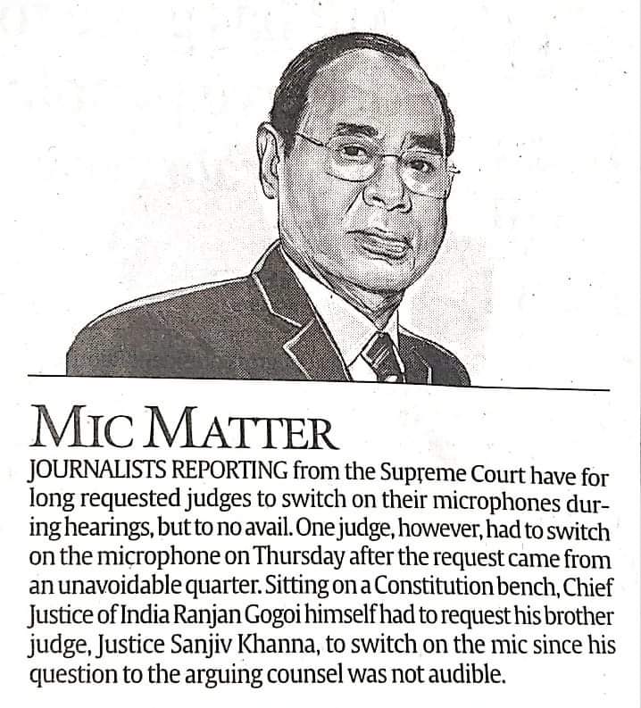 ParasRTI's tweet photo. CJI led bench will hear @WHIPOffical plea tomorrow for mandatory use of Mic in court rooms of the Supreme Court of India

Plea becomes crucial as suggestion made by Senior Advocate Indira Jaising in #LiveStreaming  case for keeping record of audio transcripts of court proceeding https://t.co/yVql2NnNtI