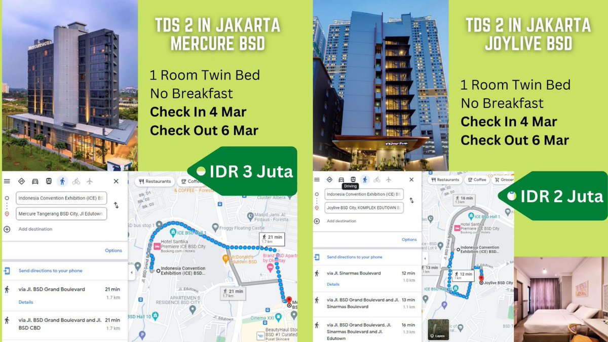 ✨️ TDS 2 in Jakarta ✨️

Operslot Hotel 
4 - 6 Maret 2023

- Mercure BSD
- Joylive BSD 

Bisa buat sharing room juga karena twinbed. Tapi ini aku opslotin jadi silahkan kalian sharing sendiri😭
Hotelnya uda kubayar yaa, DM aja for detail🥹