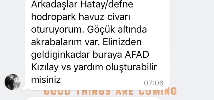 Bediikocaga's tweet photo. Arkadaşlar arkadaşım Hatay/defne hodropark havuz civarı oturuyor. Göçük altında akrabaları var. Yardım ulaşmamış yardımcı olabilir misiniz https://t.co/X8PAwgcqgY