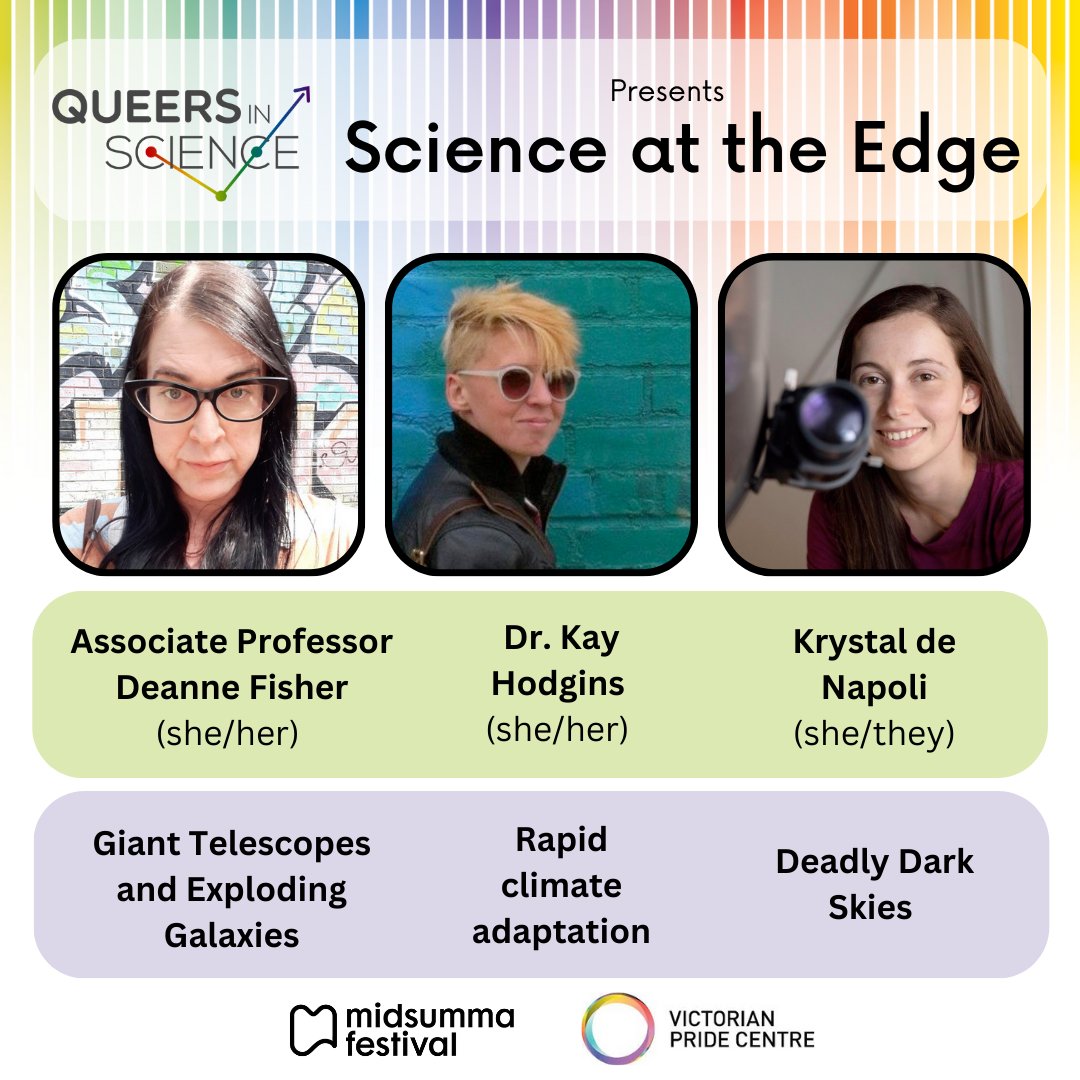 QueersInScience (@queersinscience) on Twitter photo How FAB is this lineup for our @midsumma Science at the Edge lecture series?!🌈🥳
We're so excited to hear from Deanne Fisher, <a href="/shaky_dingo/">Kay Hodgins</a> & <a href="/KrystalDeNapoli/">Krystal De Napoli</a>!
Only a couple of days left, so get your tickets now!
🎟️bit.ly/3kosLcx
🗓️ Wed 8 Feb, 6.30pm
📍 <a href="/VicPrideCentre/">Victorian Pride Centre</a> How FAB is this lineup for our @midsumma Science at the Edge lecture series?!🌈🥳
We're so excited to hear from Deanne Fisher, <a href="/shaky_dingo/">Kay Hodgins</a> & <a href="/KrystalDeNapoli/">Krystal De Napoli</a>!
Only a couple of days left, so get your tickets now!
🎟️bit.ly/3kosLcx
🗓️ Wed 8 Feb, 6.30pm
📍 <a href="/VicPrideCentre/">Victorian Pride Centre</a>