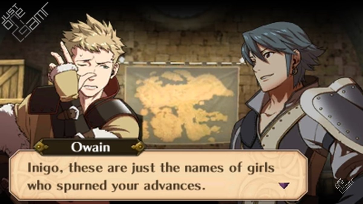 lnigowain's tweet photo. In Laslow's damaged FEH art, you can see his sword has some sort of unreadable engraving on it. Looking back at his support with Owain in Awakening, it can be assumed this sword is the one Inigo carved into with the names of women who rejected him. https://t.co/IiCk5o3quJ