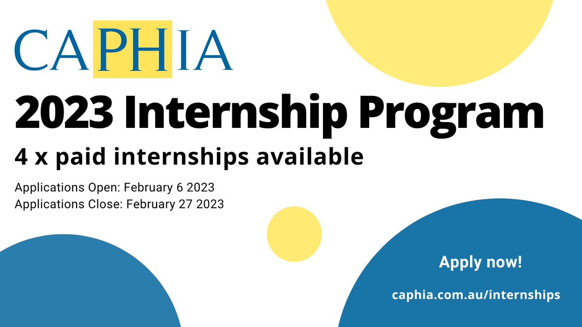 CAPHIA have 4 internships available with a $1000 stipend. These are part time to optimise work-study-life balance and embedded in existing programs and governance to get the most out of your experience.  Applications close Feb 27th. Find out more: caphia.com.au/internships