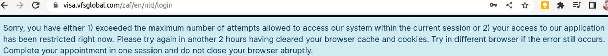 nicroets's tweet photo. @VFSGlobal Your website locked me out with this message in December. (Note that this message only appears for a few seconds, making it very hard to screenshot.) I was only comparing the available appointment dates between your Pretoria and Johannesburg branches. https://t.co/SUXzGfeGNz
