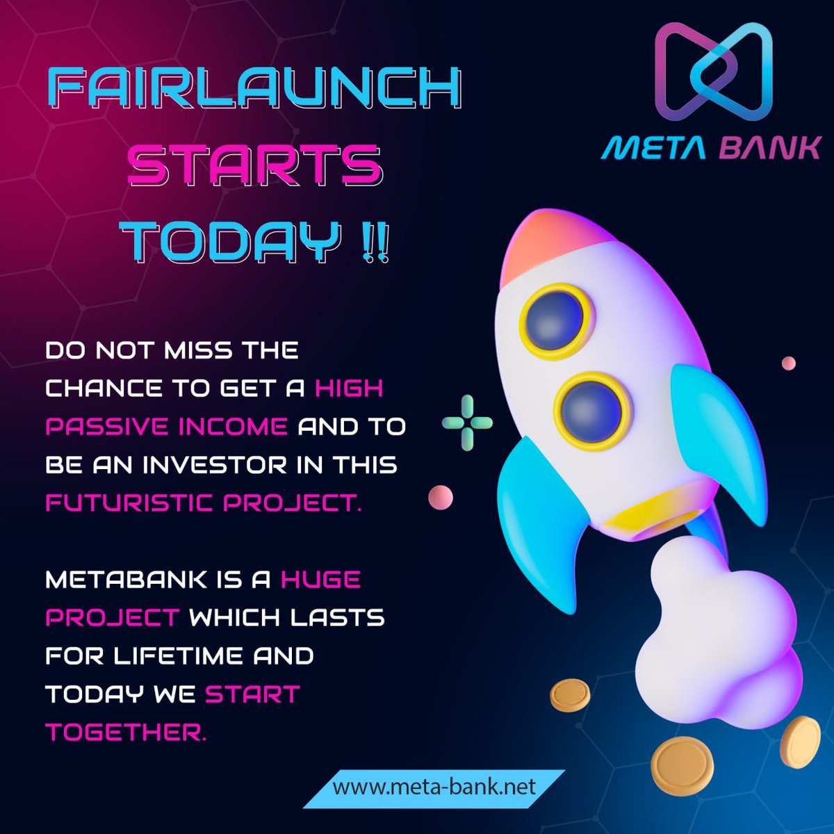Our Fairlaunch will start today feb 6th, 15:00 UTC.
pinksale.finance/launchpad/0xB9…

DO NOT MISS THE CHANCE TO GET A HIGH PASSIVE INCOME AND TO BE AN INVESTOR IN THIS FUTURISTIC PROJECT. 

METABANK IS A HUGE PROJECT WHICH LASTS FOR LIFETIME AND TODAY WE START TOGETHER.

<a href="/MetaBankTraders/">Meta Bank</a>