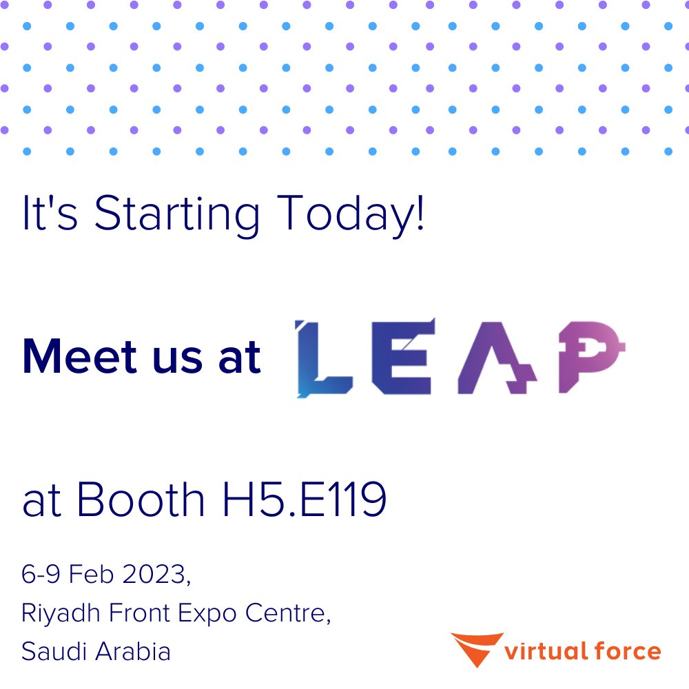 Starting today till 9 Feb, we will be at Booth H5.E119 at <a href="/LEAPandInnovate/">LEAP</a> 

Stop by our booth and let's talk tech! 

Be our guest at the conference:
bit.ly/VFGuestLEAP2023

See you!

#virtualforce #softwaredevelopmentcompany #digitaltransformation #LEAP23 #leapandinnovate