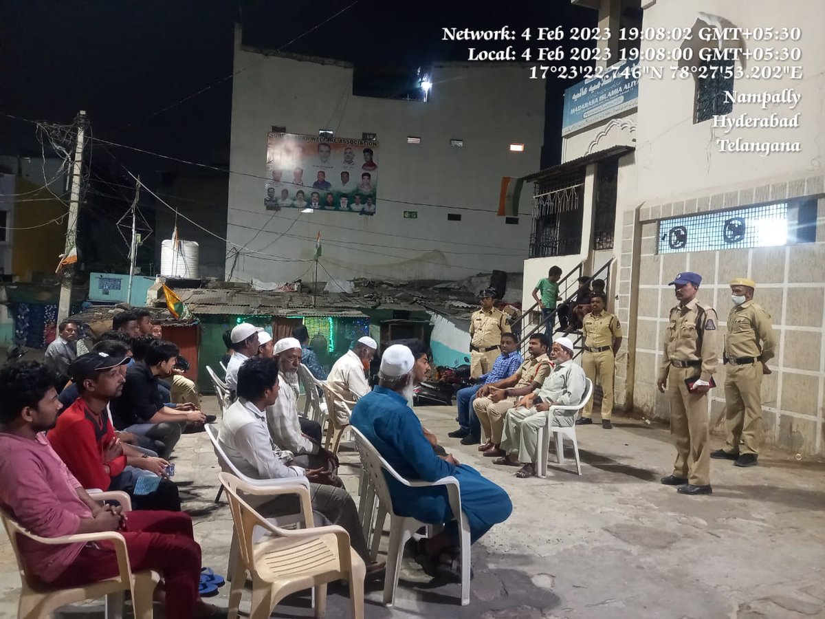 On 04-02-2023 Sri V Bhanu Prakash Reddy SI along with staff of PS Habeebnagar conducted community awareness programme and explained about Cyber crime, Gutka, Ganja and 100 dial, precautions of Covid-19 Variant BF.7 and discussed Local Issue at Aliya Mosque, Subhanpura, Hyd.