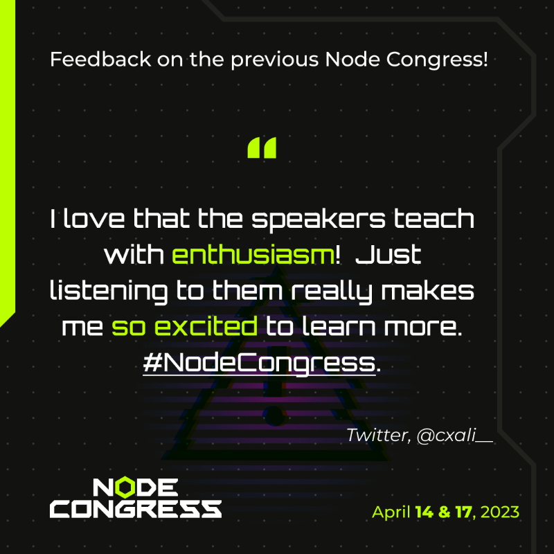 NodeCongress's tweet photo. Check out the buzz surrounding previous Node Congress! 💥

Attendees are enthusiastic about the challenging and thought-provoking sessions, networking with other tech enthusiasts, and being excited about the impressive lineup of speakers and the conference as a whole.