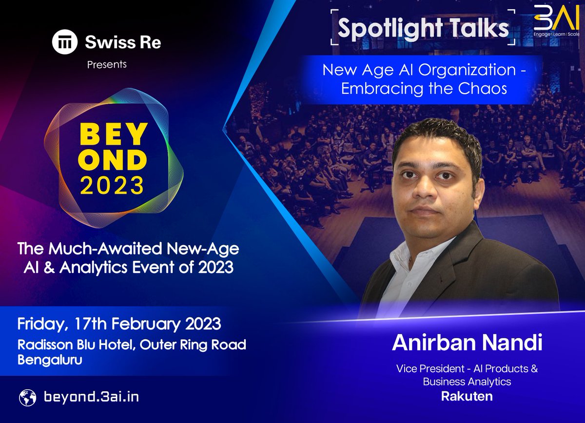 3AI (@3aiplatform) on Twitter photo BEYOND 2023: The Much-Awaited New-Age AI & Analytics Event of 2023
Spotlight Talks: New Age AI Organization - Embracing the Chaos
Friday, 17th February 2023, Radisson Blu Hotel, Outer Ring Road, Bengaluru
Book your Delegate Pass Now: beyond.3ai.in/delegate-pass/
<a href="/DhanrajaniS/">Sameer Dhanrajani</a> BEYOND 2023: The Much-Awaited New-Age AI & Analytics Event of 2023
Spotlight Talks: New Age AI Organization - Embracing the Chaos
Friday, 17th February 2023, Radisson Blu Hotel, Outer Ring Road, Bengaluru
Book your Delegate Pass Now: beyond.3ai.in/delegate-pass/
<a href="/DhanrajaniS/">Sameer Dhanrajani</a>